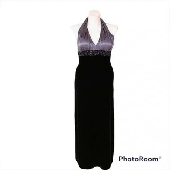 JS Boutique halter satin/velvet black/gray long dress 10 - Picture 1 of 9